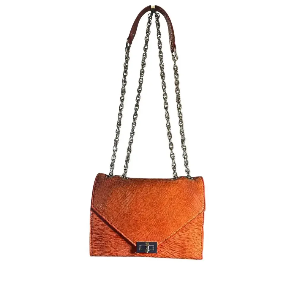 Chez Fine Leather Goods Orange Textured Leather Chain Crossbody Bag Rare